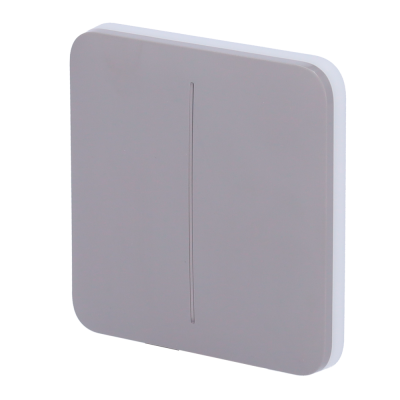 Interruptor elétrico quadrado cinzento com bordas brancas e linha vertical no meio