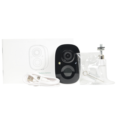 Câmara de segurança preta com acessórios e embalagem branca