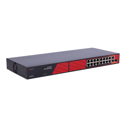 Switch de rede preto com 16 portas Ethernet e detalhes vermelhos