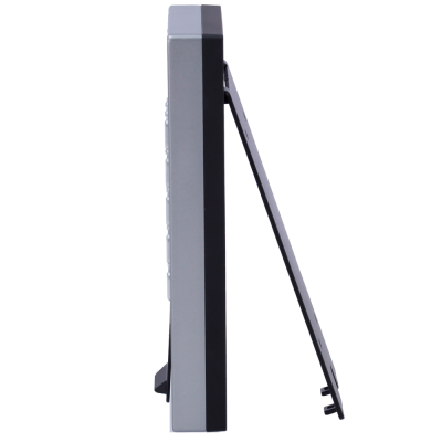 Ecrã digital cinzento escuro de perfil com suporte ajustável