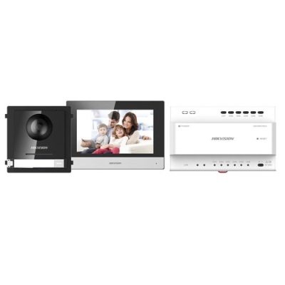 Conjunto de videoporteiro HIKVISION preto, ecrã a cores e central branca