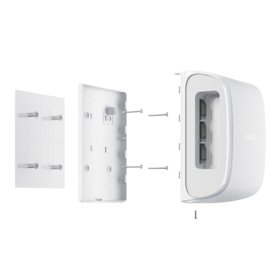 Dispositivo branco AJAX desmontado em três partes com parafusos.