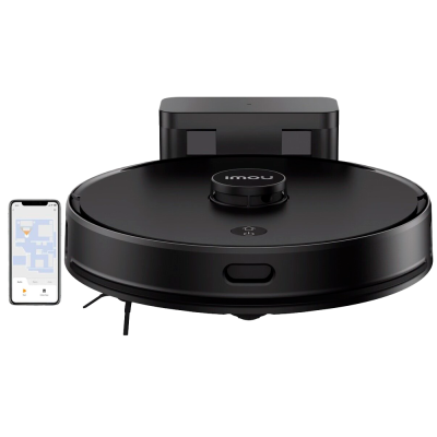 Aspirador robô Imou preto com estação de carregamento e telemóvel com app