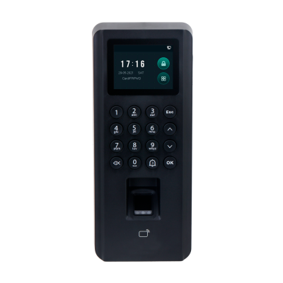 Dispositivo eletrônico de controlo de acesso preto com ecrã e teclado numérico