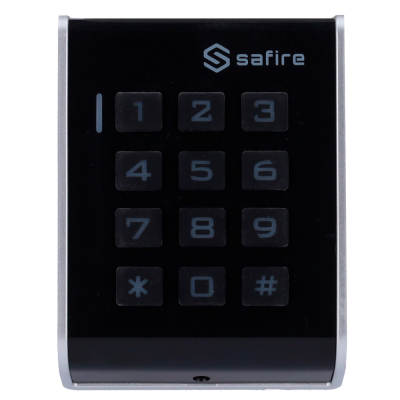 Teclado numérico preto com botões e logotipo safire