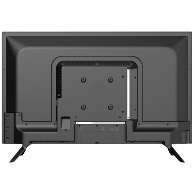 Vista traseira de televisão de ecrã plano preto com suportes metálicos e entradas de áudio e vídeo