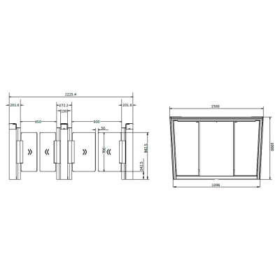 Desenho técnico de portas automáticas e barreiras de controlo de acesso com medidas em milímetros.