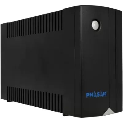 Dispositivo eletrónico preto com botão branco e texto PHASAK