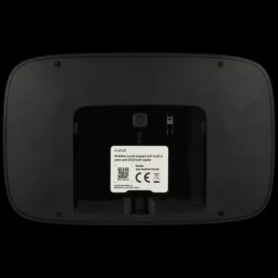 Parte traseira preta de um teclado touch wireless AJAX com etiqueta branca