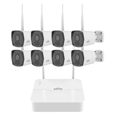 Conjunto de câmaras de vigilância e unidade base brancas com antenas, fundo branco.