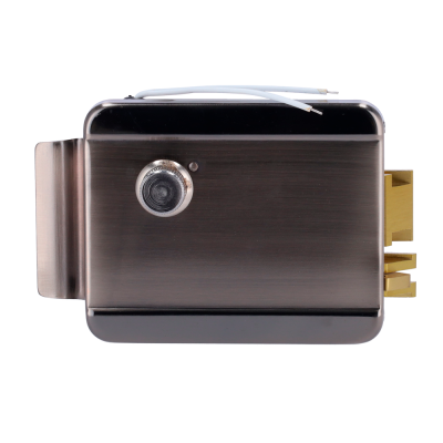 Fechadura eletrónica preta com visor redondo e alavanca dourada