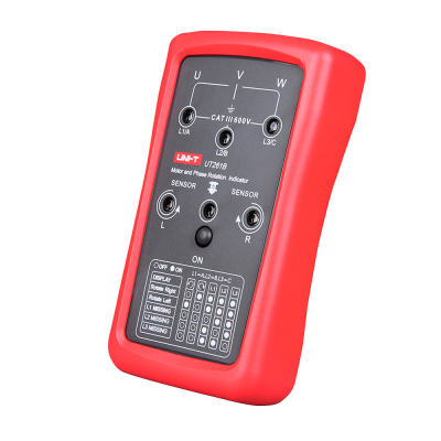 Dispositivo eletrónico vermelho e preto com texto UNI-T UT261B e indicações de sensores e fases