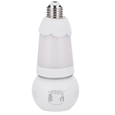 Câmara de consumo em formato de lâmpada branca com base metálica e texto impresso