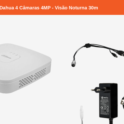 Kit CCTV incluindo unidade principal branca, adaptador preto, cabos pretos e disco rígido WD Purple de 2TB
