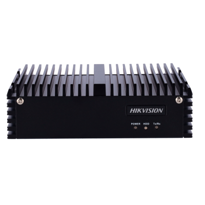 Dispositivo eletrônico preto com dissipador de calor e leds frontais da marca HIKVISION