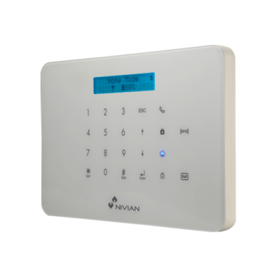 Painel de controlo branco para alarme residencial com ecrã LCD azul e teclado numérico