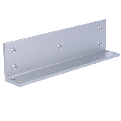 Suporte metálico prateado em forma de ângulo com orifícios para parafusos