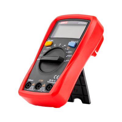 Multímetro digital UNI-T UT131A vermelho com visor LCD e botões amarelo e azul