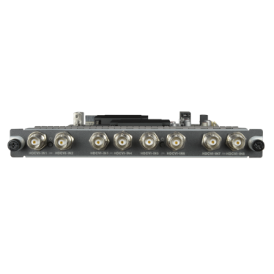 Placa eletrónica com oito conectores coaxiais e etiquetas HDCVI-IN1 a HDCVI-IN8