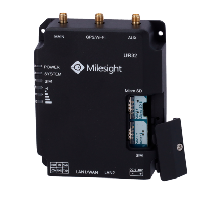 Dispositivo eletrônico preto Milesight UR32 com rótulos e cartão SIM exposto