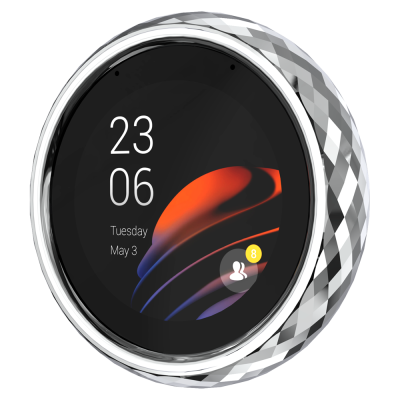 Relógio inteligente com ecrã digital circular e estrutura prateada com padrão de diamante