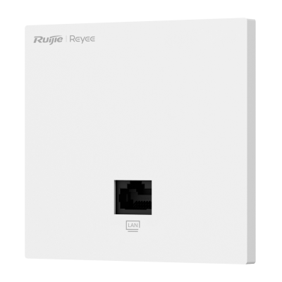 Produto eletrónico branco de parede com porta LAN e texto Ruijie Reyee