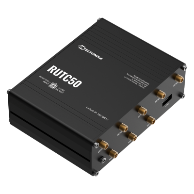 Routador Teltonika RUTC50 preto com portas para antenas douradas