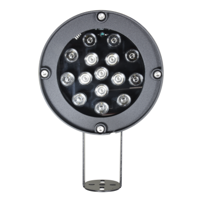 Luz circular preta com LEDs visíveis e suporte metálico