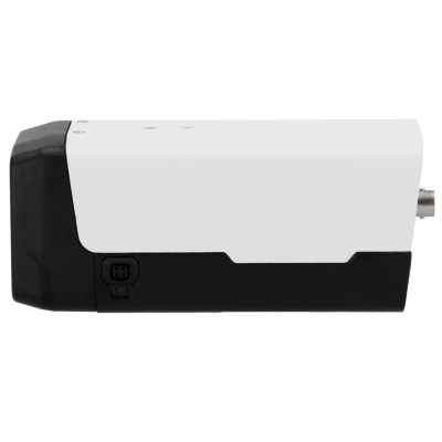 Câmara de vigilância branca e preta com conetores na lateral