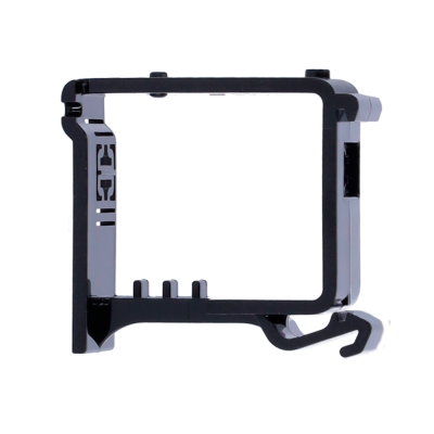 Moldura preta de plástico retangular com saliências e encaixes