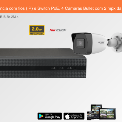 Sistema de videovigilância Hikvision com gravador preto e câmara bullet branca