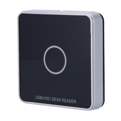 Leitor USB de secretária preto com círculo cinza e moldura cinza.