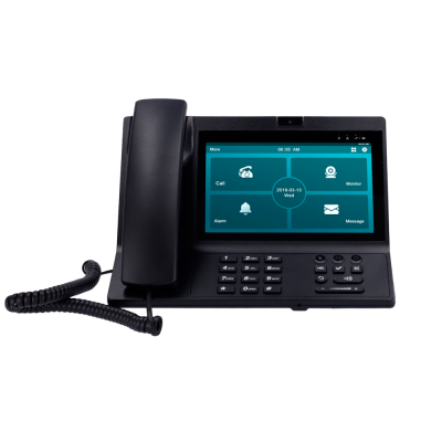 Telefone de secretária preto com visor digital e teclado