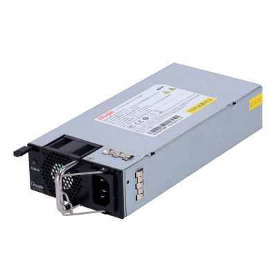 Fonte de alimentação metálica cinza com conector e etiqueta técnica