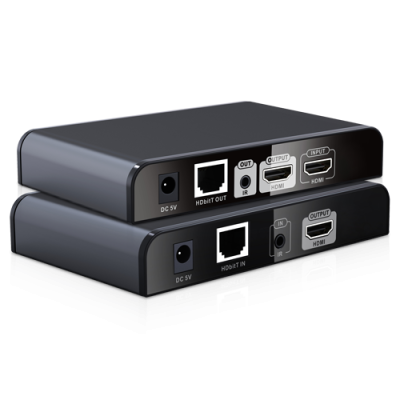 Dois dispositivos eletrónicos com entradas DC 5V, HDbitT IN/OUT, IR, HDMI