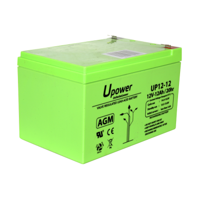 Bateria AGM verde lima Upower UP12-12 com texto e símbolos na lateral