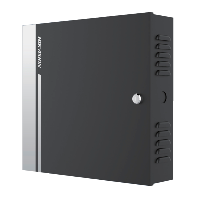 Caixa metálica preta com fechadura e logo HIKVISION