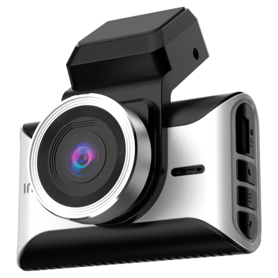 Câmara de vídeo preta e prata com lente circular e botões laterais.