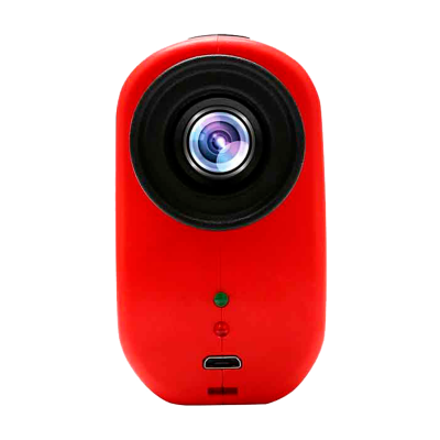 Câmara digital vermelha com lente preta e porta USB