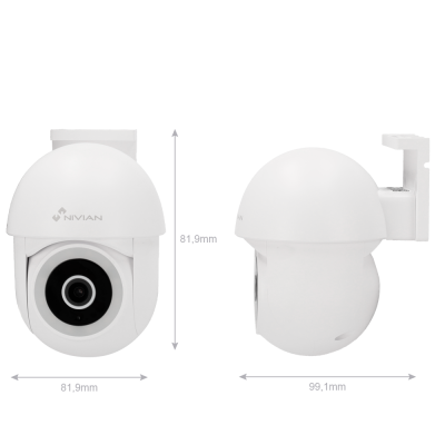 Câmara de segurança branca NIVIAN com lente preta e suporte de fixação.