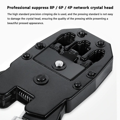 Cabeça de crimpagem preta para cabos de rede com texto em inglês acima