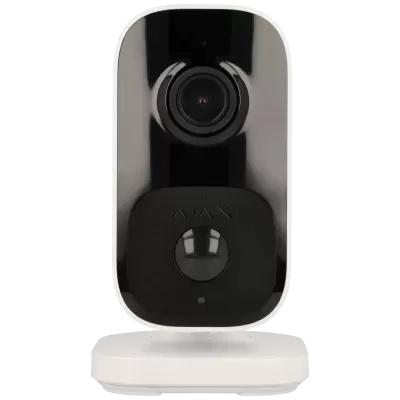 Câmara de segurança preta com lente circular e sensor de movimento na base