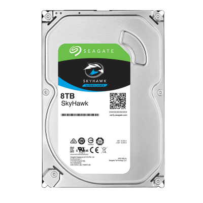 Disco rígido Seagate SkyHawk 8TB com etiqueta colorida e código QR