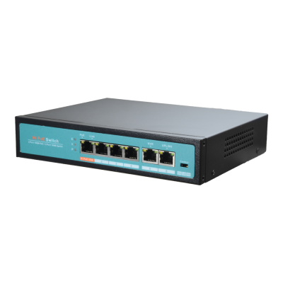 Switch PoE de rede com seis portas RJ45 e painel azul