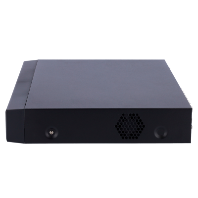 Dispositivo rectangular preto com grelha hexagonal e duas aberturas circulares.