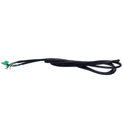 Cabo elétrico preto com fios coloridos e conector verde.