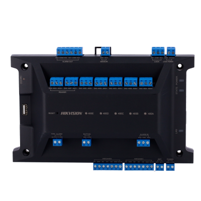 Módulo electrónico preto com conectores azuis e texto impreso da marca Hikvision