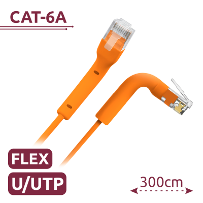Cabo de rede laranja CAT-6A com conectores RJ45 e texto indicativo