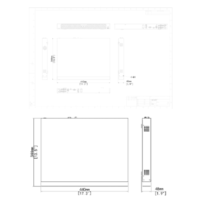 Desenho técnico em preto e branco de um dispositivo retangular com dimensões especificadas.