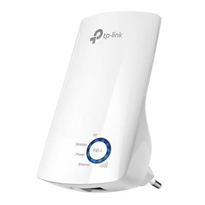 Repetidor Wi-Fi TP-Link branco com luz LED azul